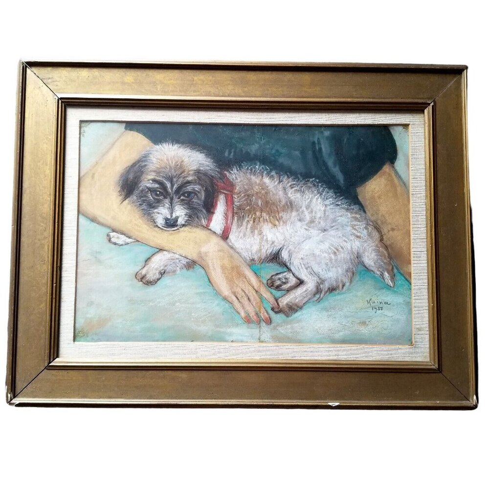 Original Art Pastel Drawing Jack Russel Dog SIGNED 1950 Framed Picture & Glass